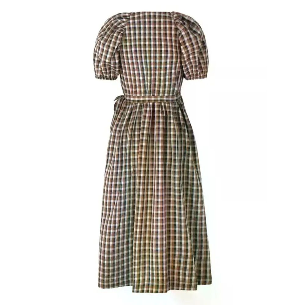 Baum und Pferdgarten Brown Gingham Puff Sleeve Wrap Midi Dress Size 36